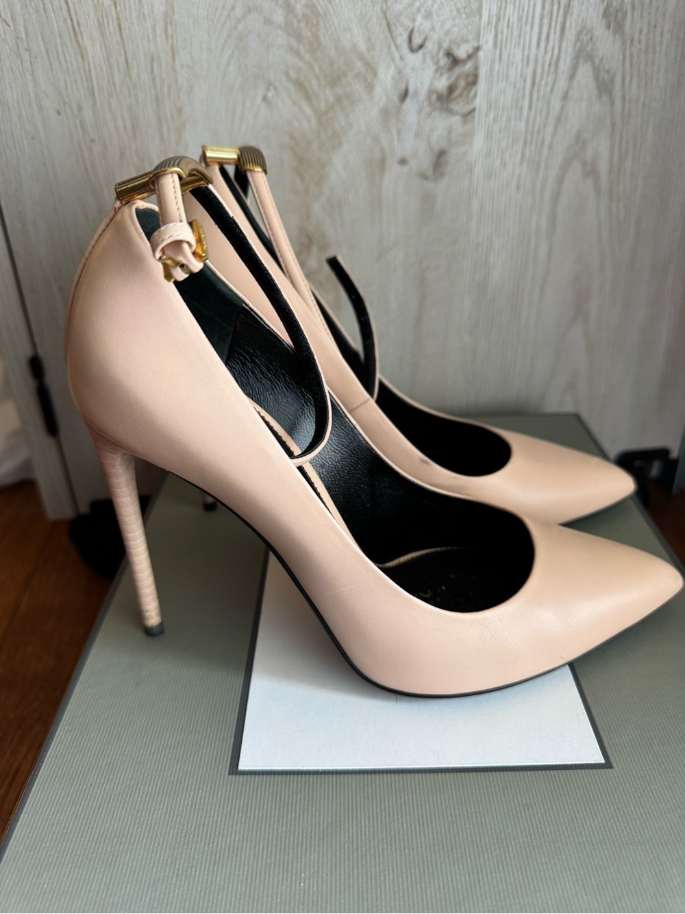 Neiman Marcus Blush Pink Pointed-Toe Ankle-Strap Stiletto Heels